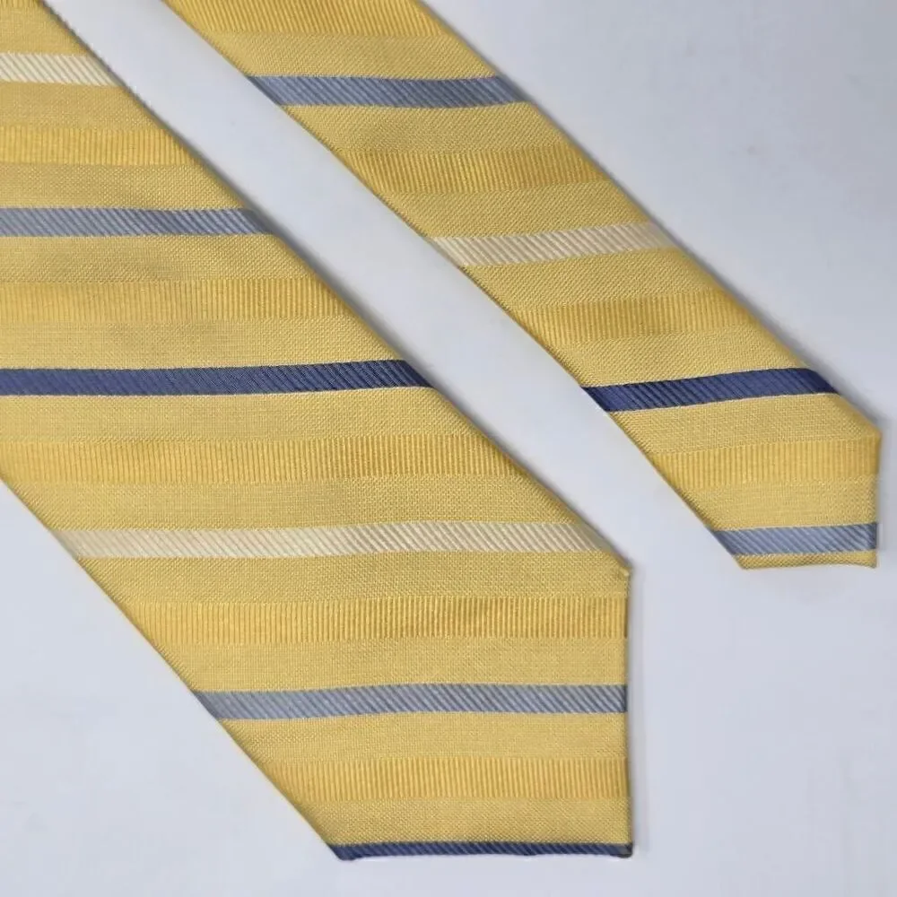 NEIMAN MARCUS SILK TIE YELLOW BLUE SATIN REPP STRIPE TEXTURED 3.25